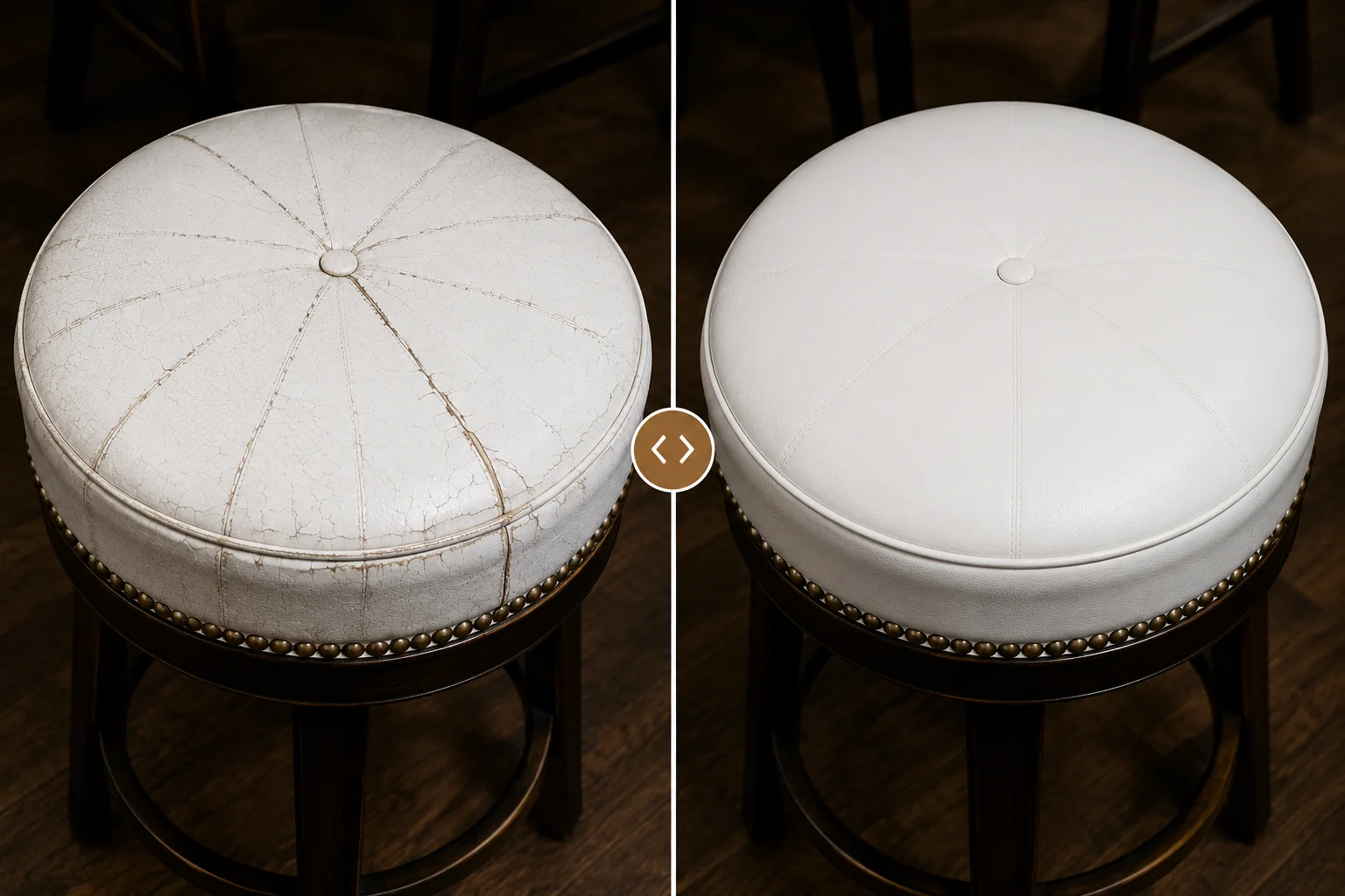 A round bar stool pad seat shown split down the middle: the worn top on the left, the same stool recovered in white on the right