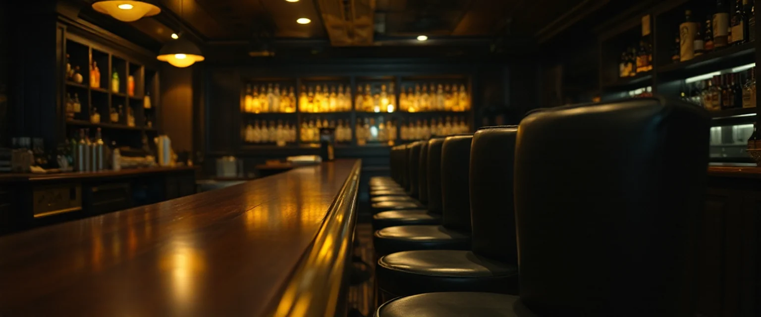 A dim empty bar after close, a row of black leather stools receding along the counter and a lit backbar behind