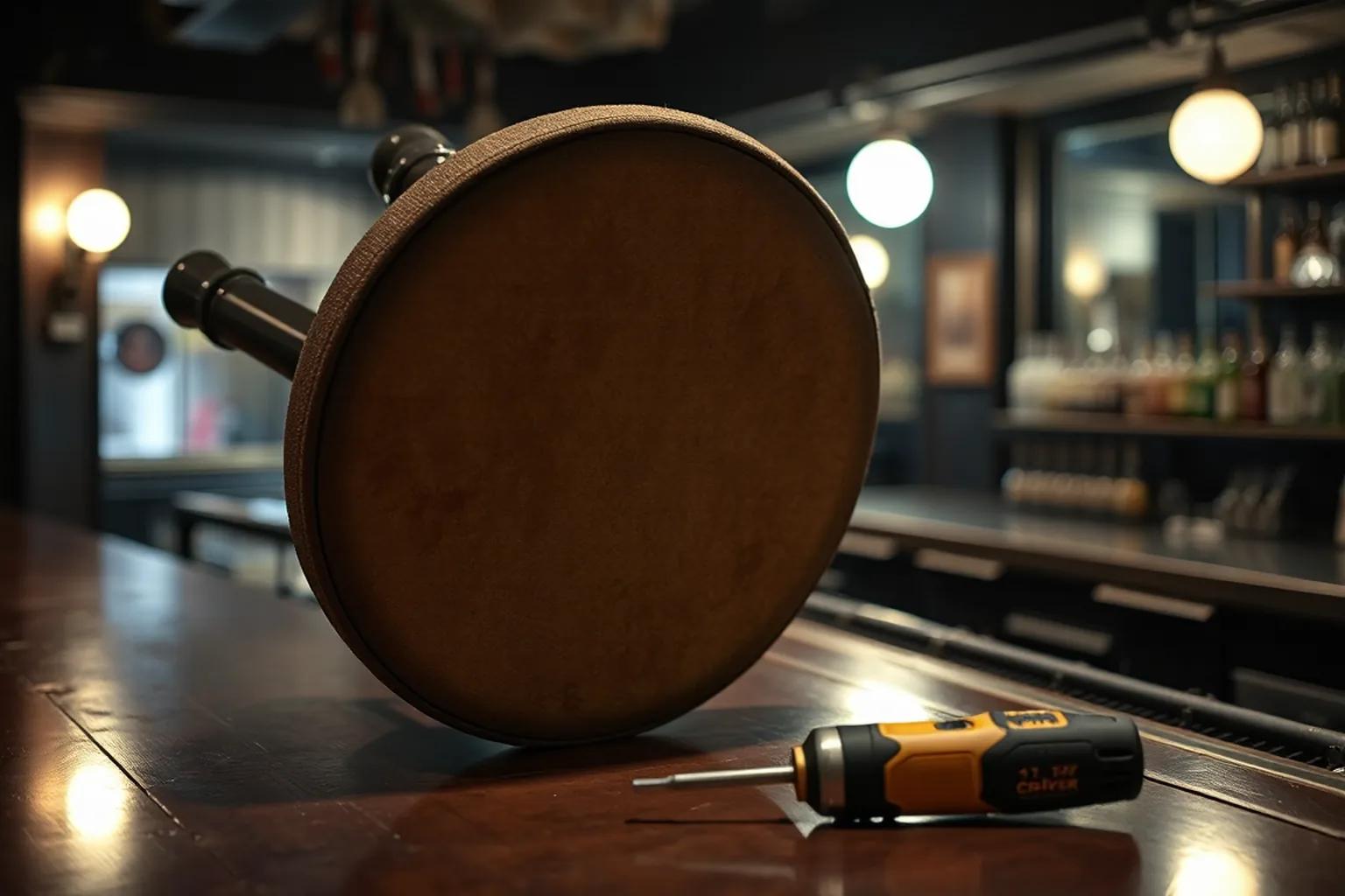 A bar stool turned upside down on the counter after close, the round seat pan and its fixings exposed