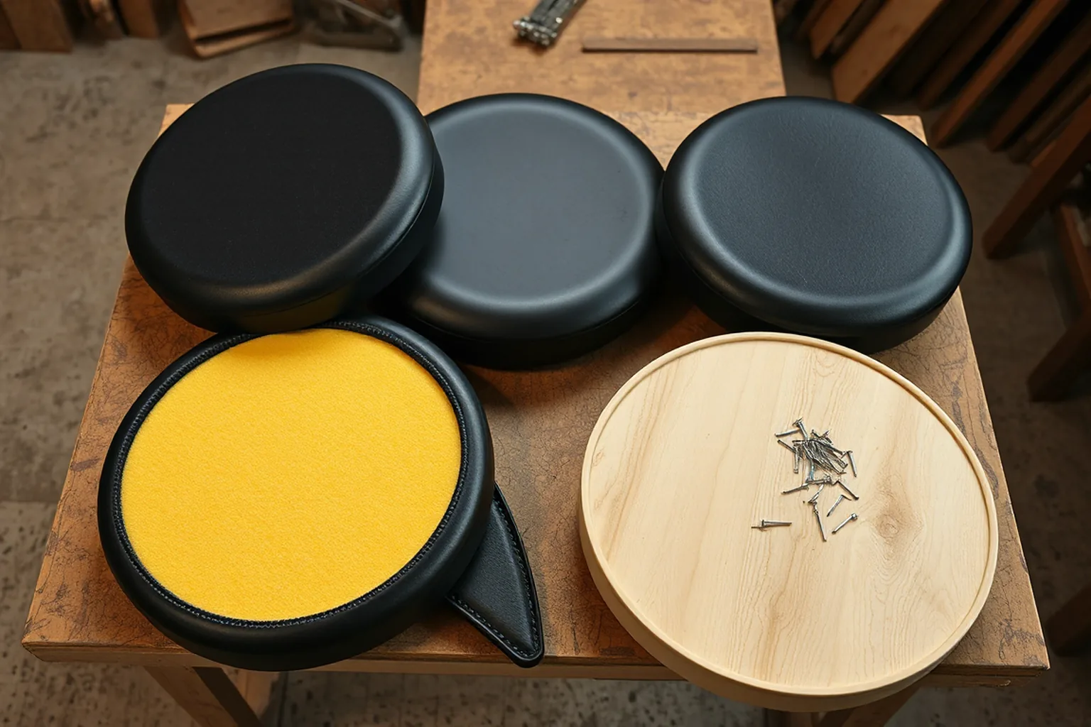 Round stool seat tops laid out on a workbench, one stripped back to bare plywood and foam