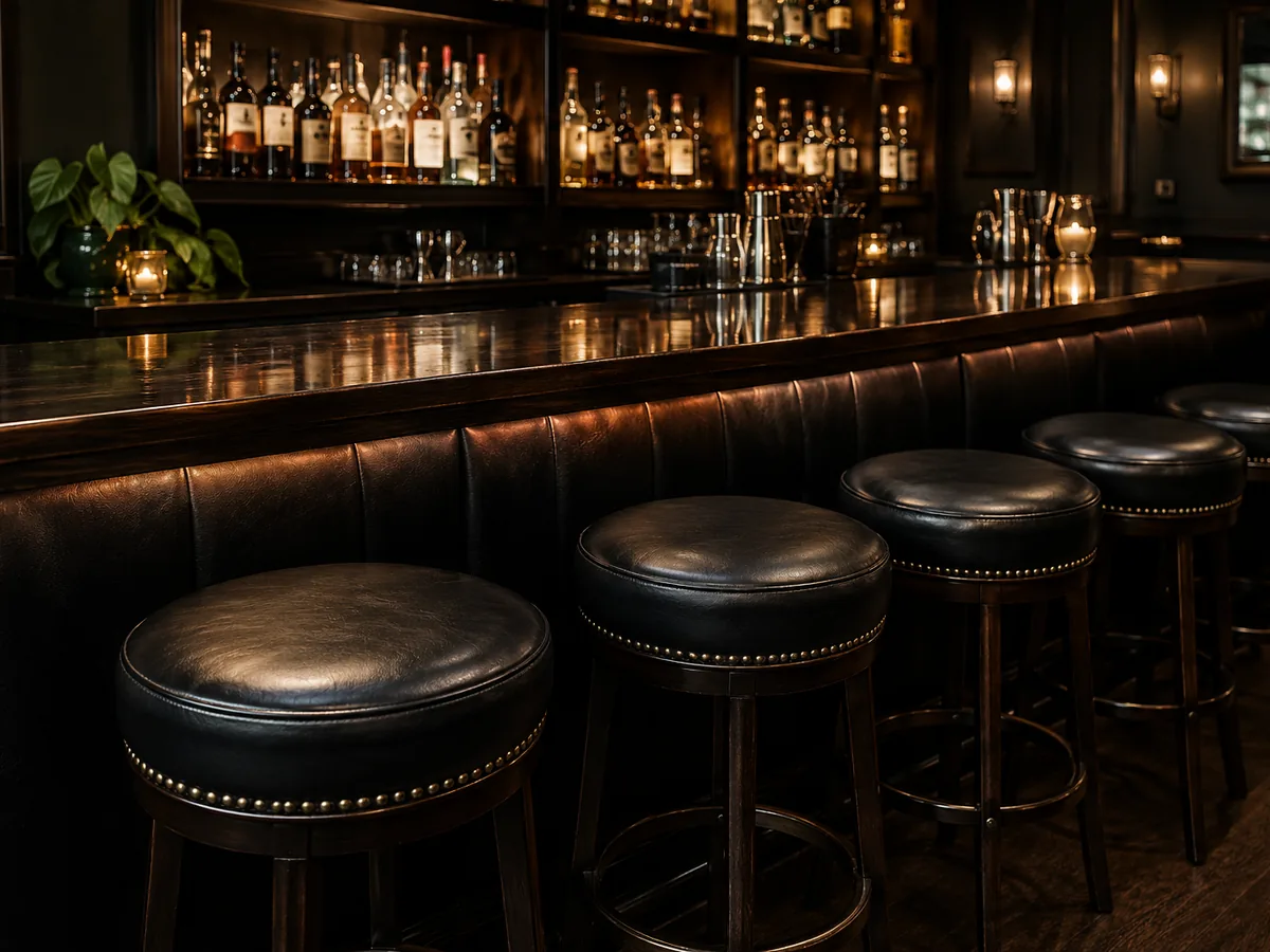 A row of backless black leather stools with round pads and stud trim receding along a dark timber bar
