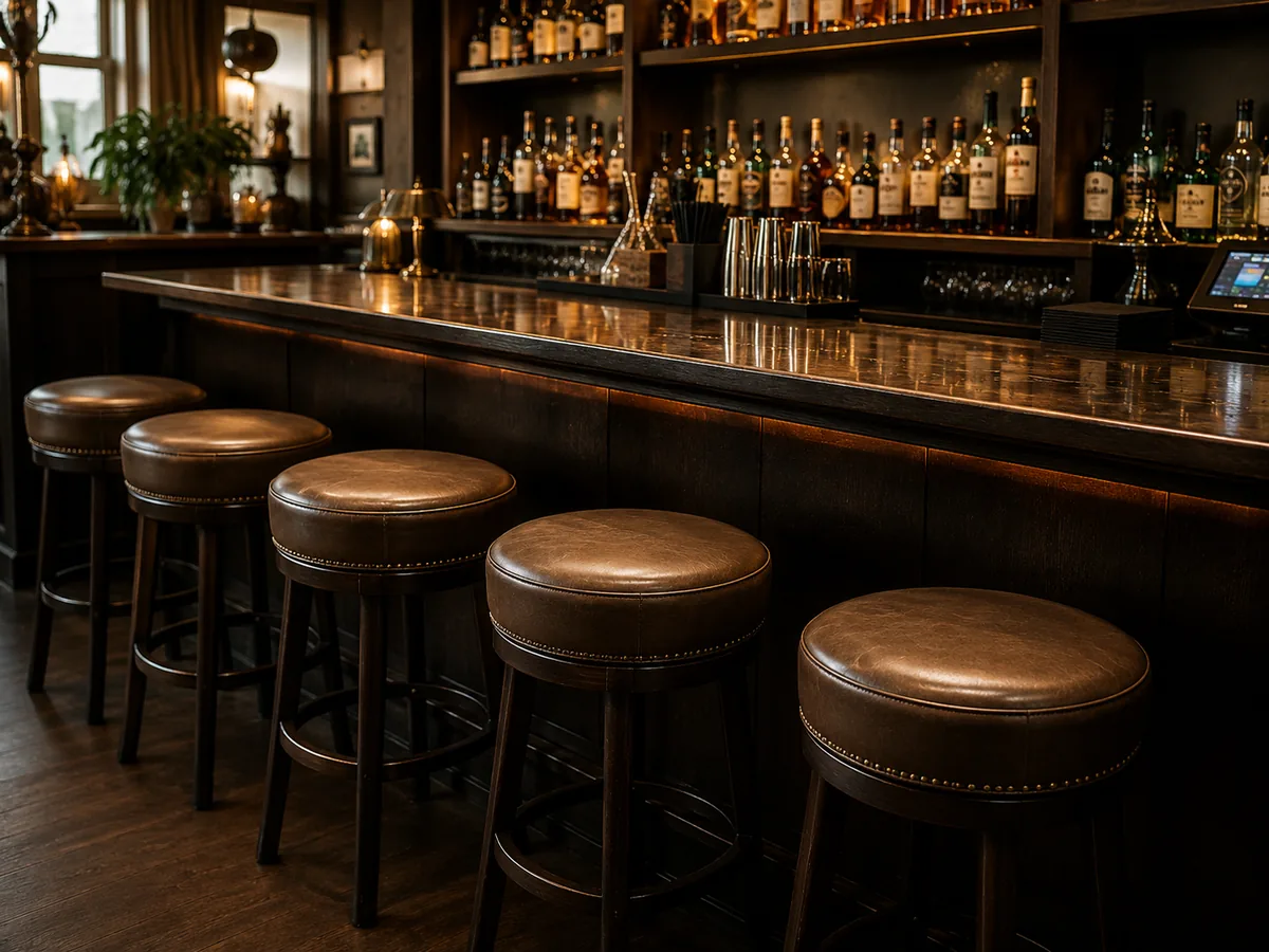 A row of backless tan leather stools with round pads along a timber bar counter