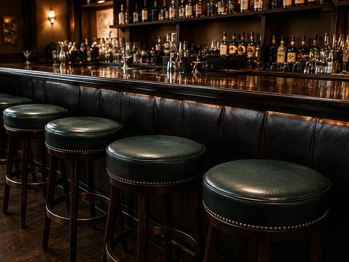 A row of backless dark green leather stools with round pads along a bar counter