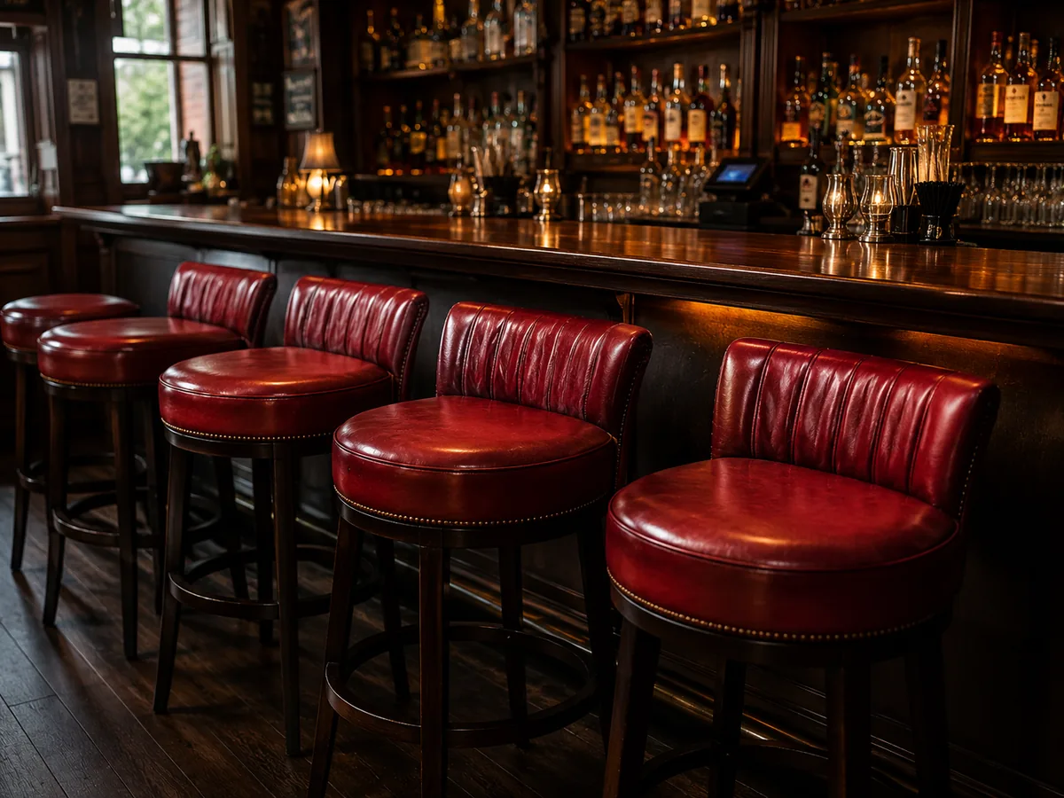 A row of red leather stools with low curved backs set against a lit backbar