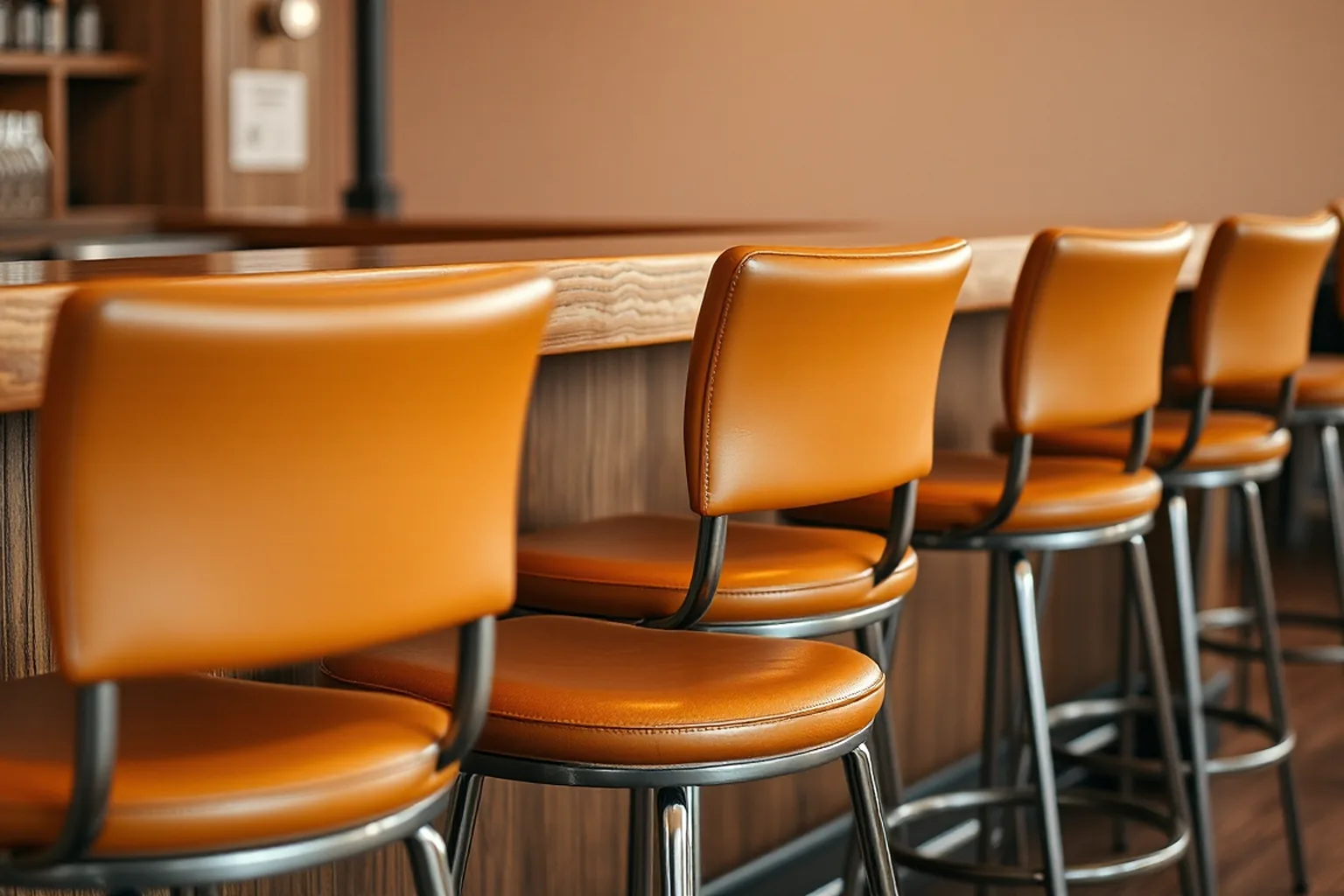 Six tan leather stools along a bar counter, every seat the same colour and sheen after bar stool reupholstery NYC work