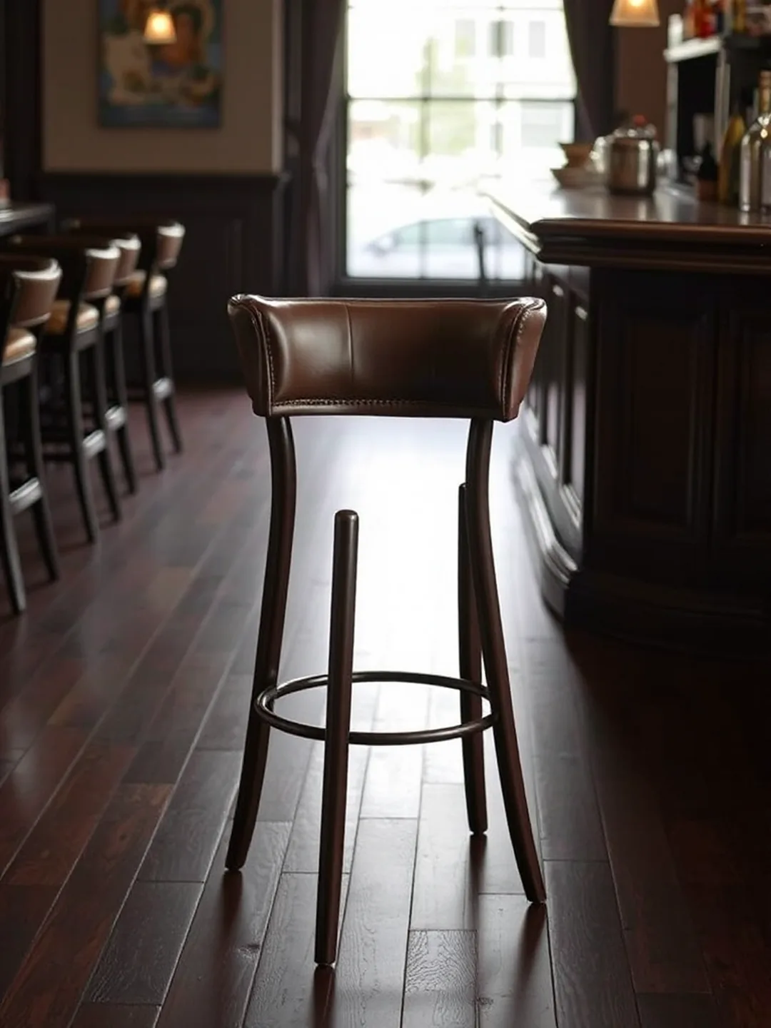 A single brown leather bar stool with a low curved back, seen away from its run