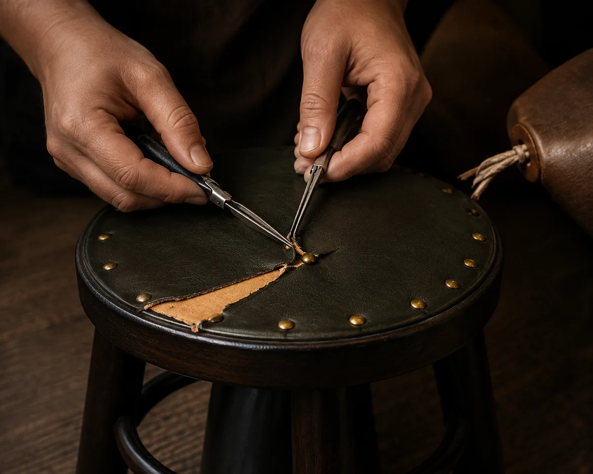 Hands lifting the old cover off a round bar stool seat pan with a tack tool