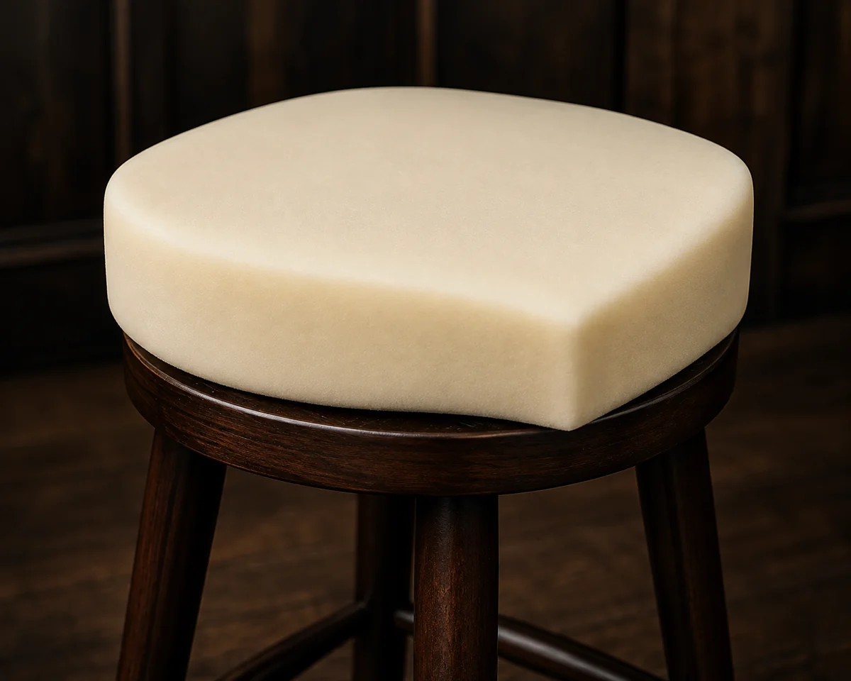 A bare foam pad sitting on a bar stool frame with the cover removed