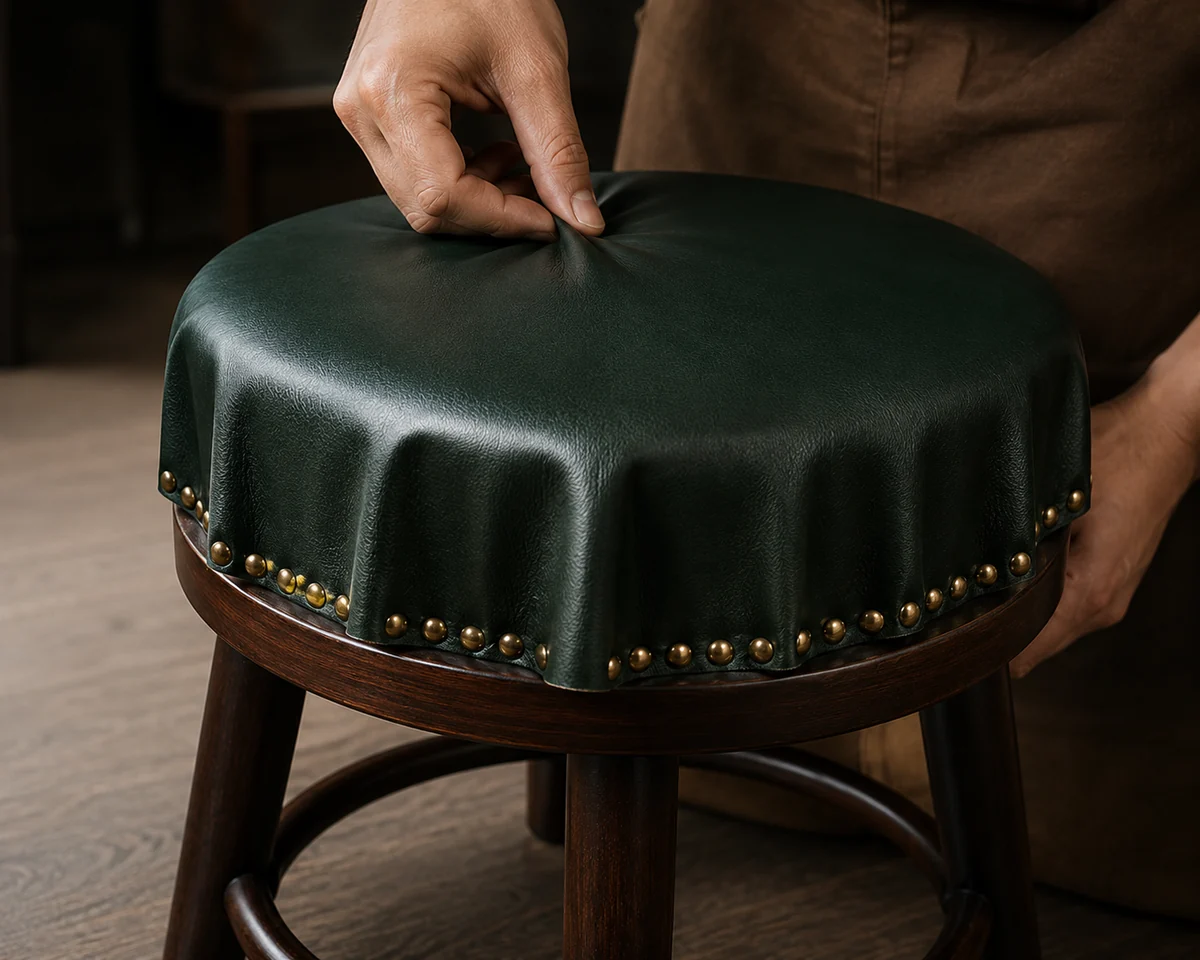 Hands drawing new green leather down over a round bar stool pad