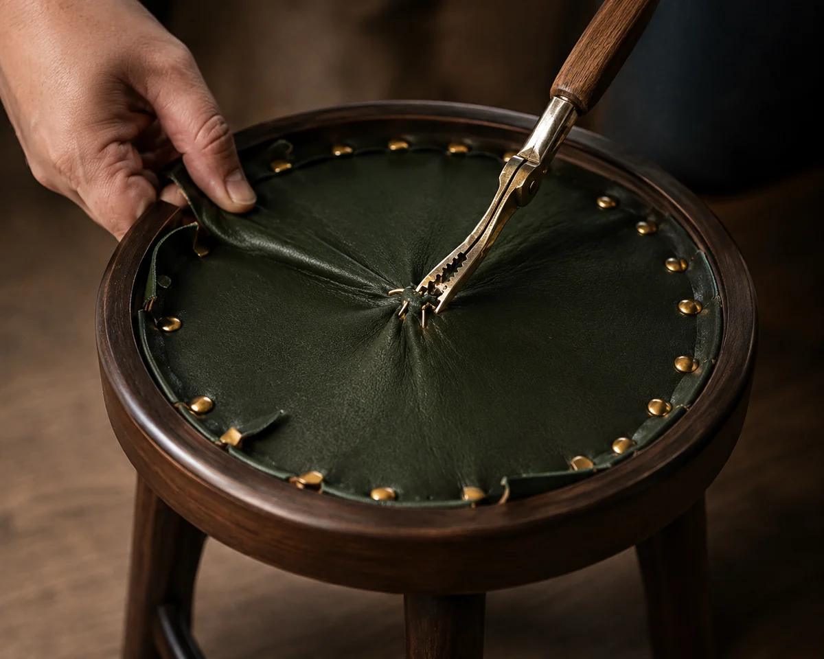 Hands tensioning new leather over a bar stool seat pan with a trim tool, studs set around the rim