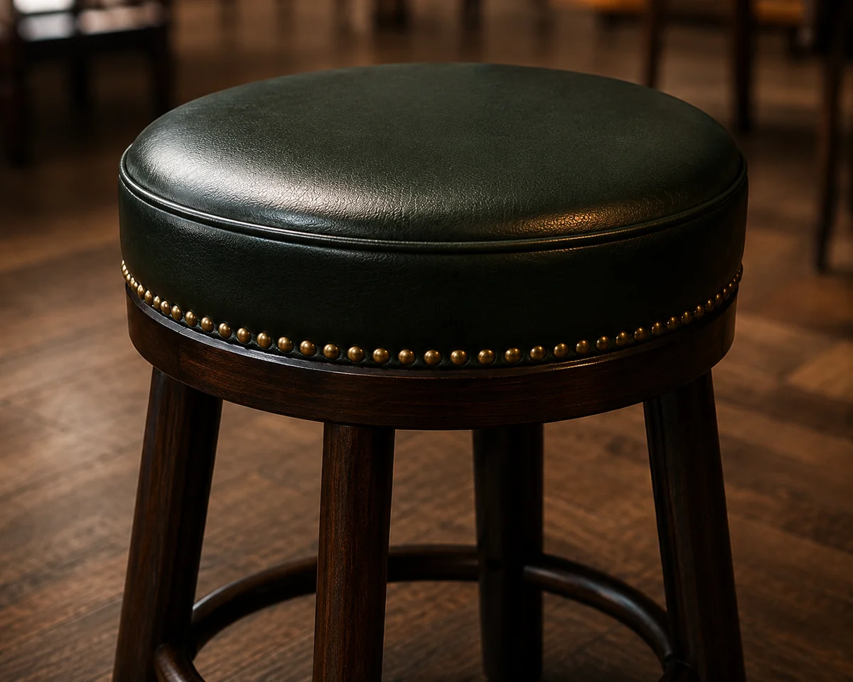 A finished round bar stool seat in green leather with a studded rim, back on its frame