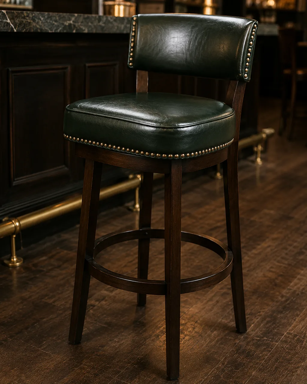A bar stool in green leather with a short padded back panel, at a bar counter