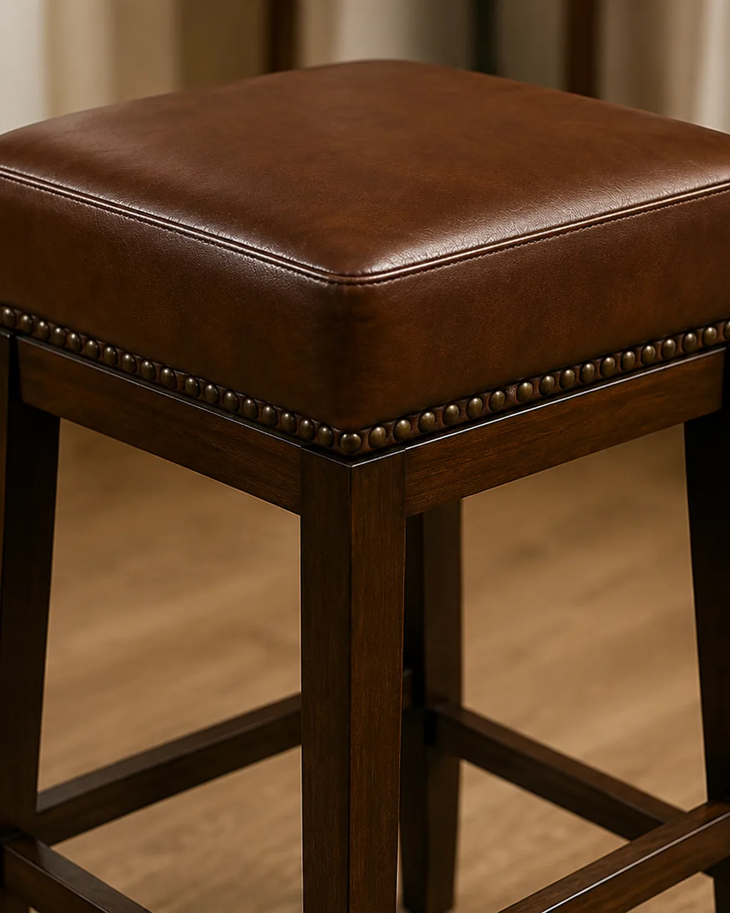 A square pad bar stool in brown leather with a studded rim