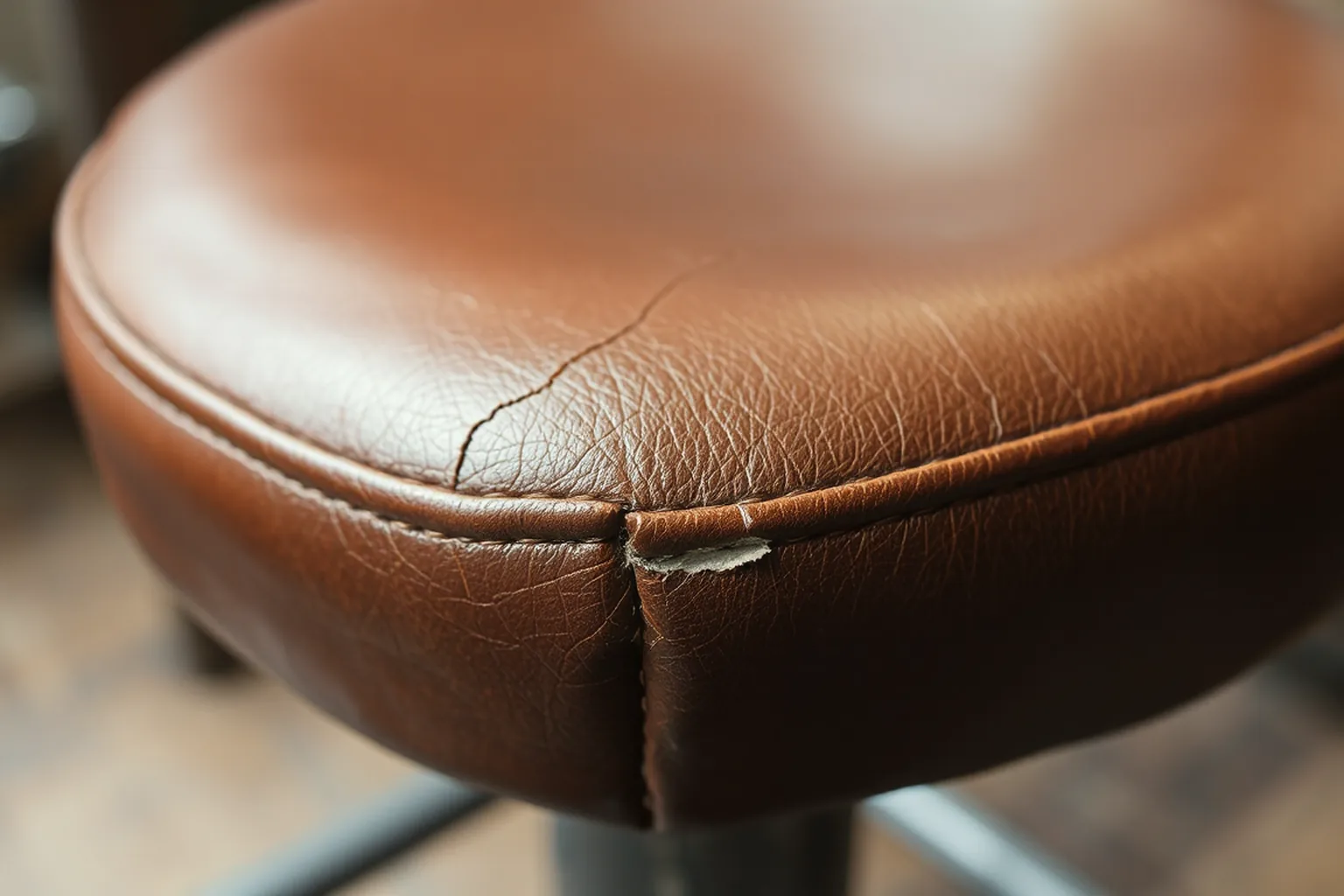Close detail of a worn brown leather stool seat front edge, the finish rubbed pale and the grain split along the roll