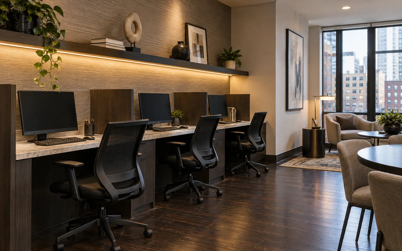 Residential building business center with task chairs at shared workstations