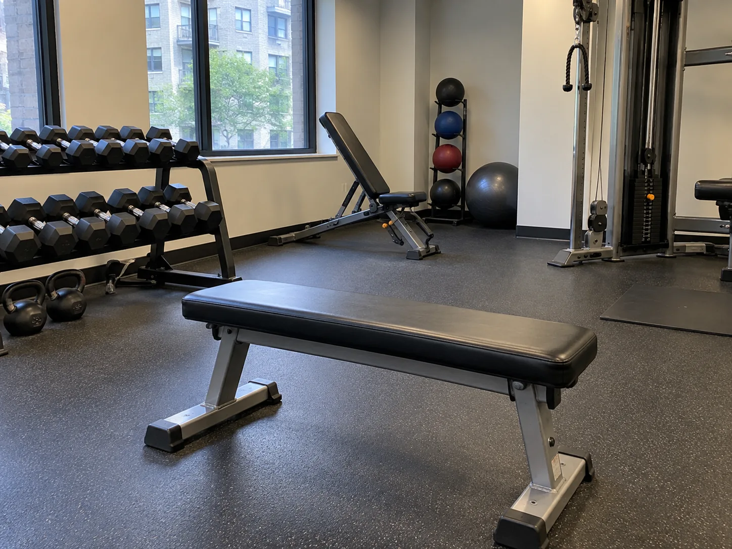 A vinyl bench in a building fitness center