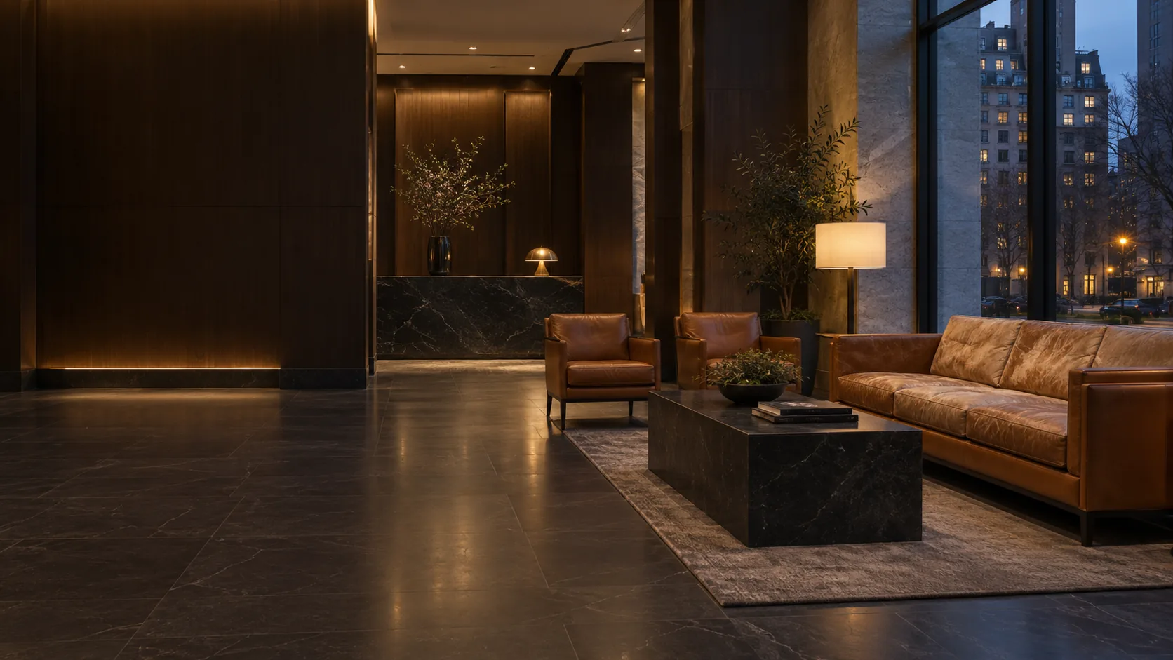 Building furniture restoration NYC: a sun-faded cognac leather sofa in a residential lobby at dusk