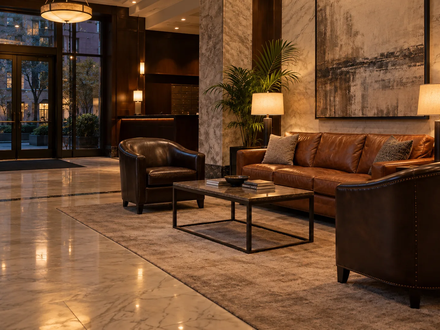 A leather sofa seating group in an NYC building lobby