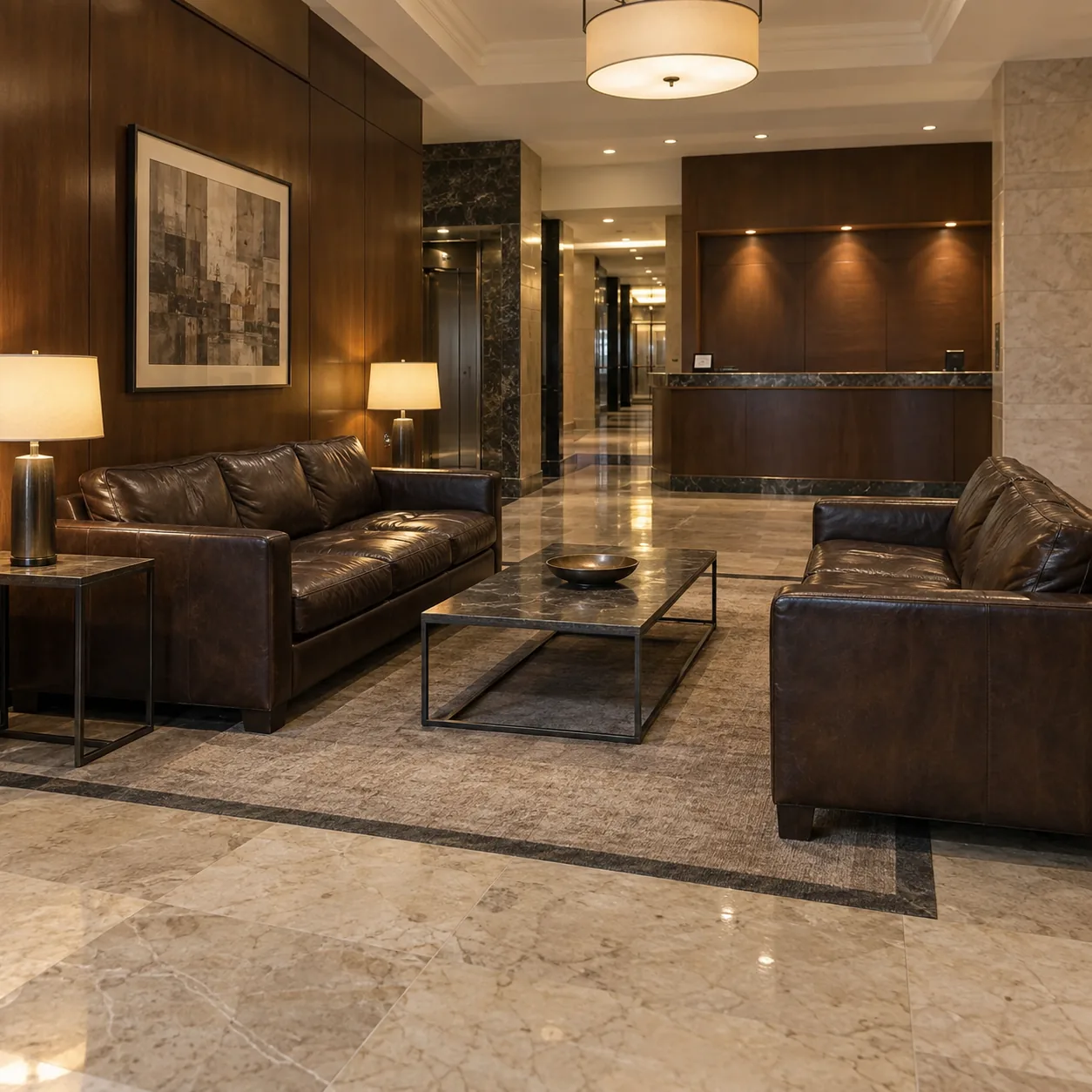 Leather sofas in a residential building lobby