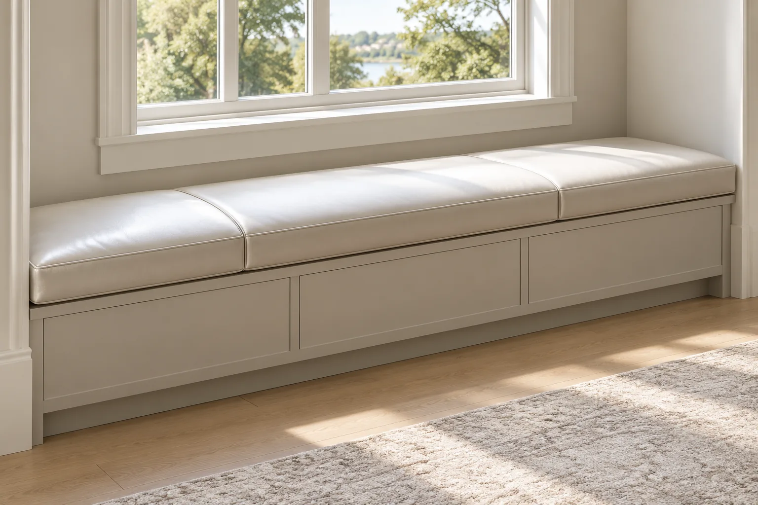 Pale cushion fitted into a built-in window seat below a panelled bay
