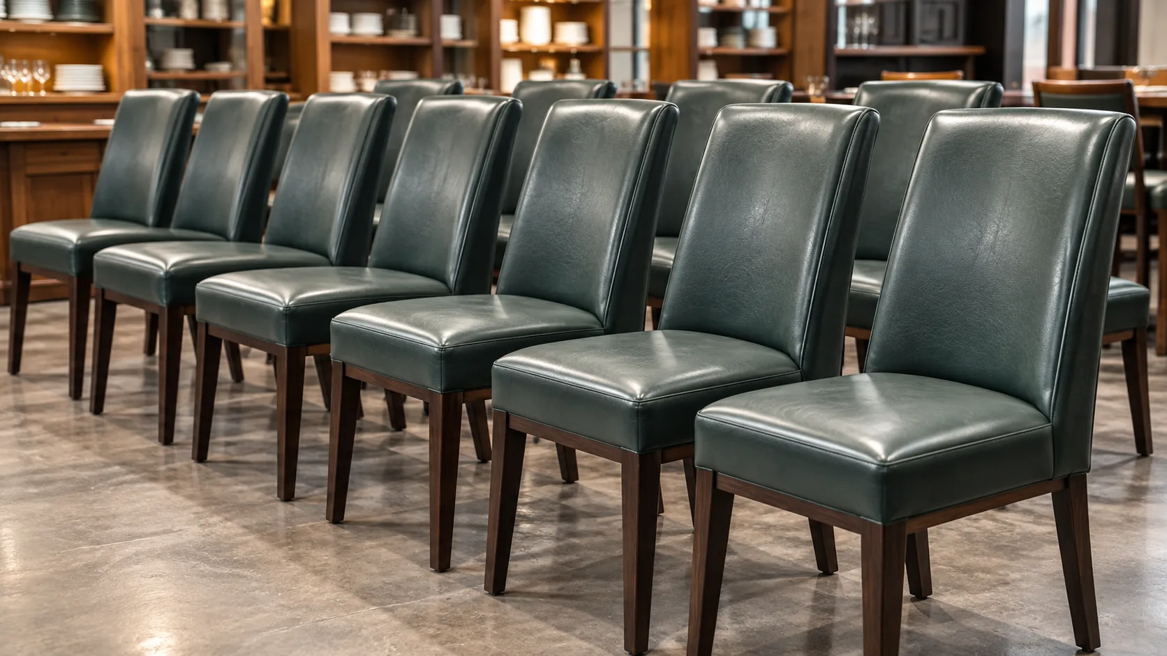 Row of green leather chairs moving through batch production