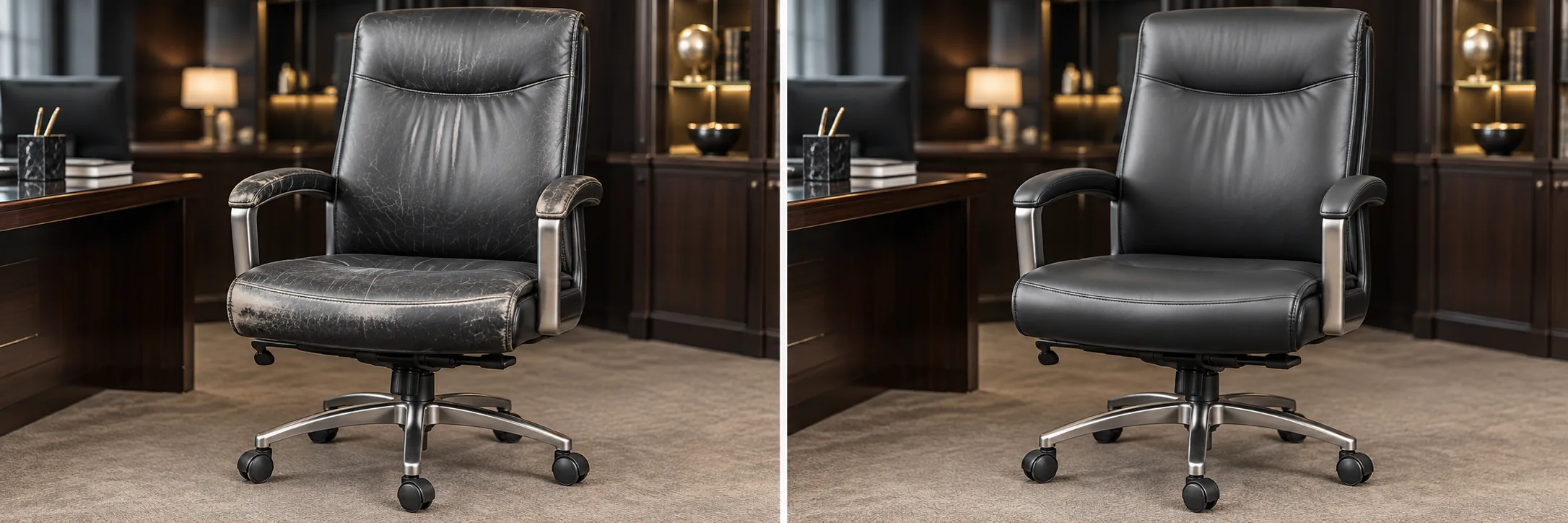 Office chair before and after seat and arm repair