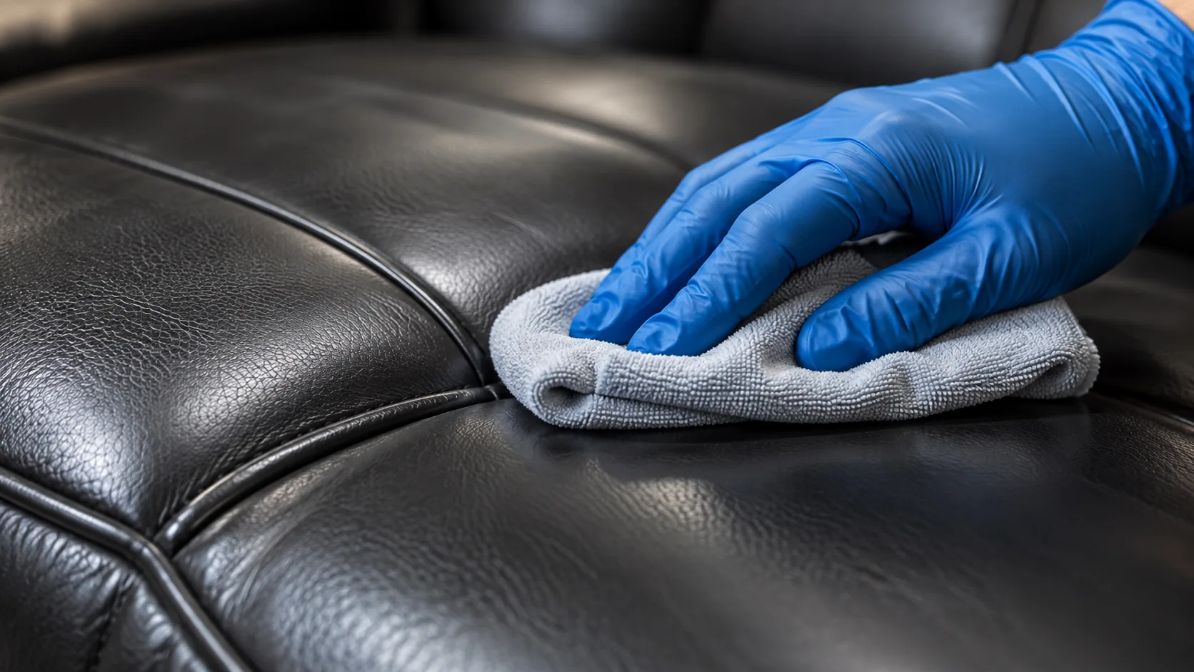 Gloved hand cleaning black leather seating with a cloth