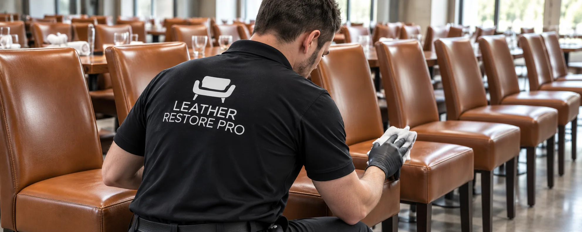 Technician inspecting a finished leather booth against the approved sample