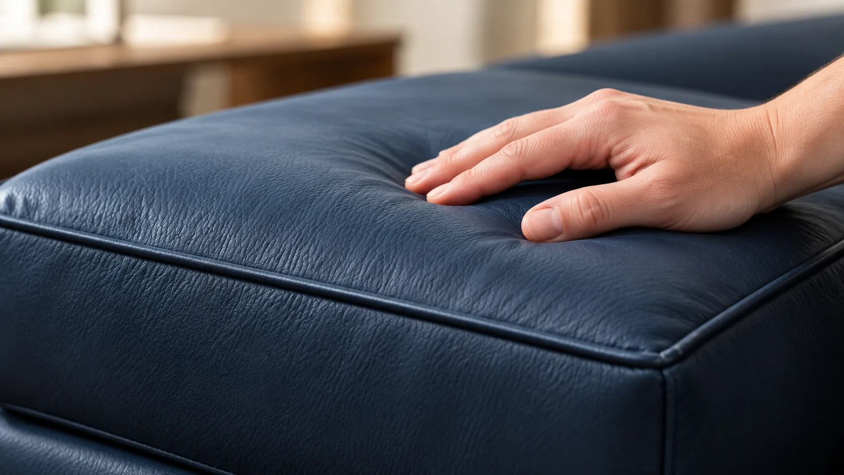 Hand pressing a navy leather cushion