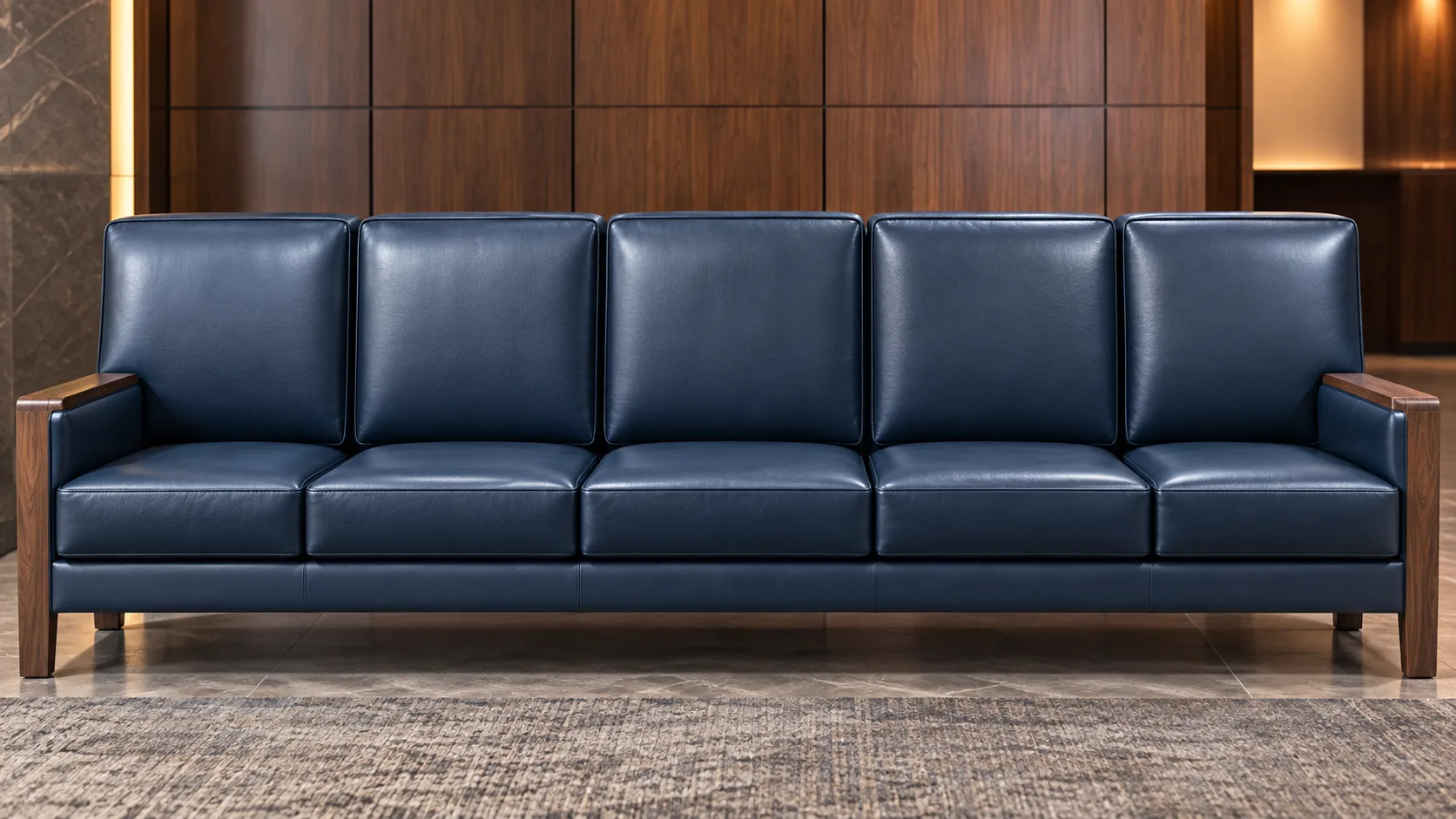 Navy banquette seating delivered and installed after a bulk project