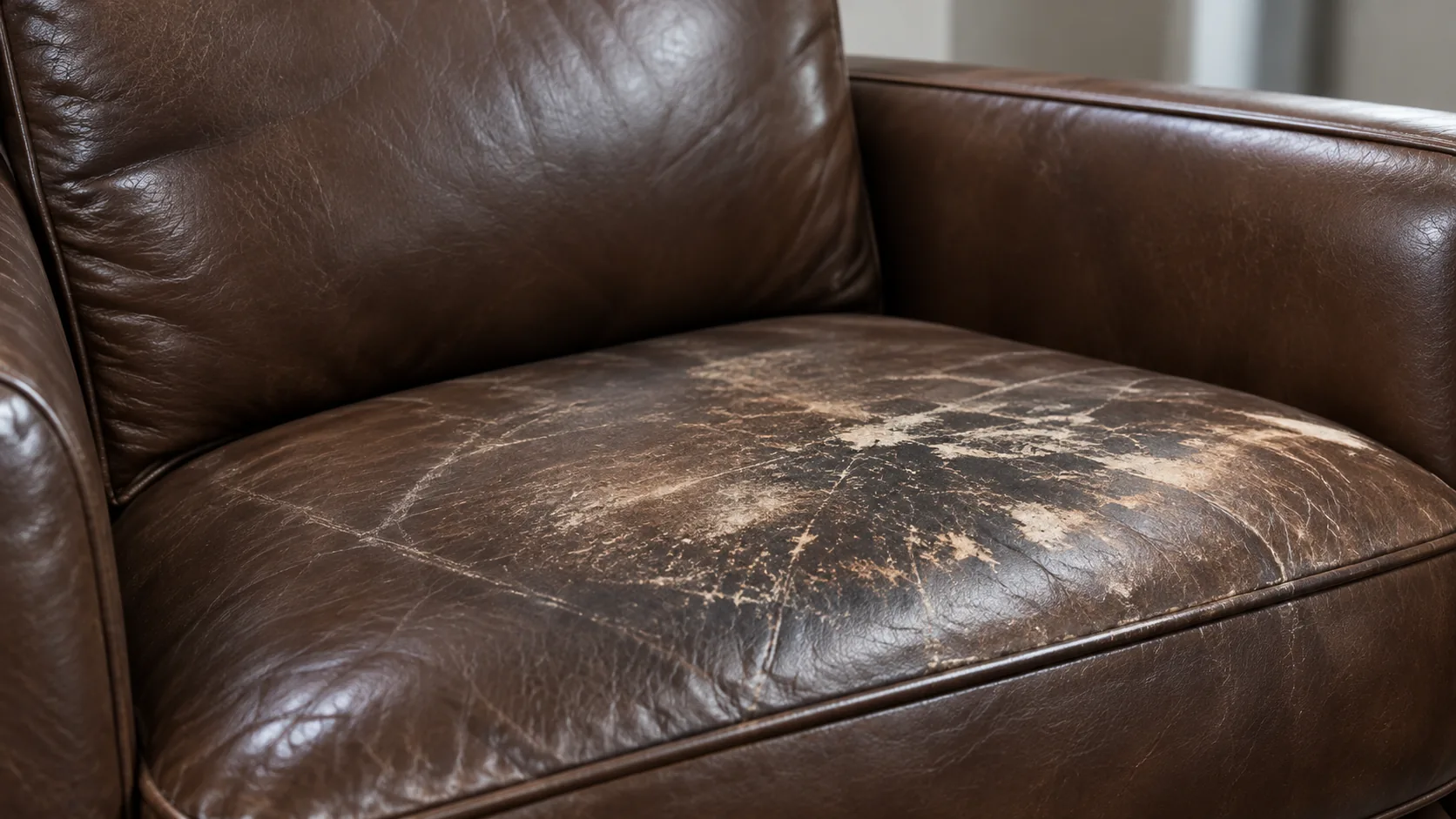 Worn brown leather sofa arm being repaired