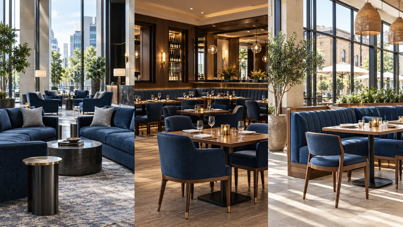 Navy tub chairs in a bright hotel lounge