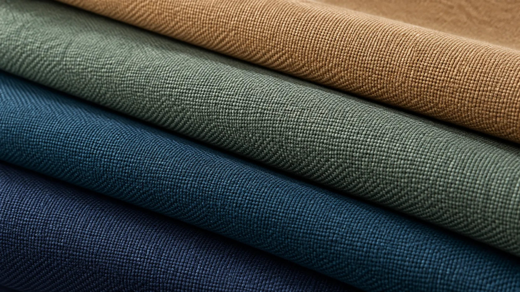Performance fabric swatches in teal, olive and tan