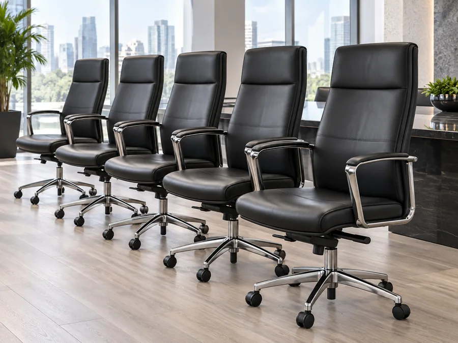 Long row of matching executive leather office chairs awaiting bulk repair