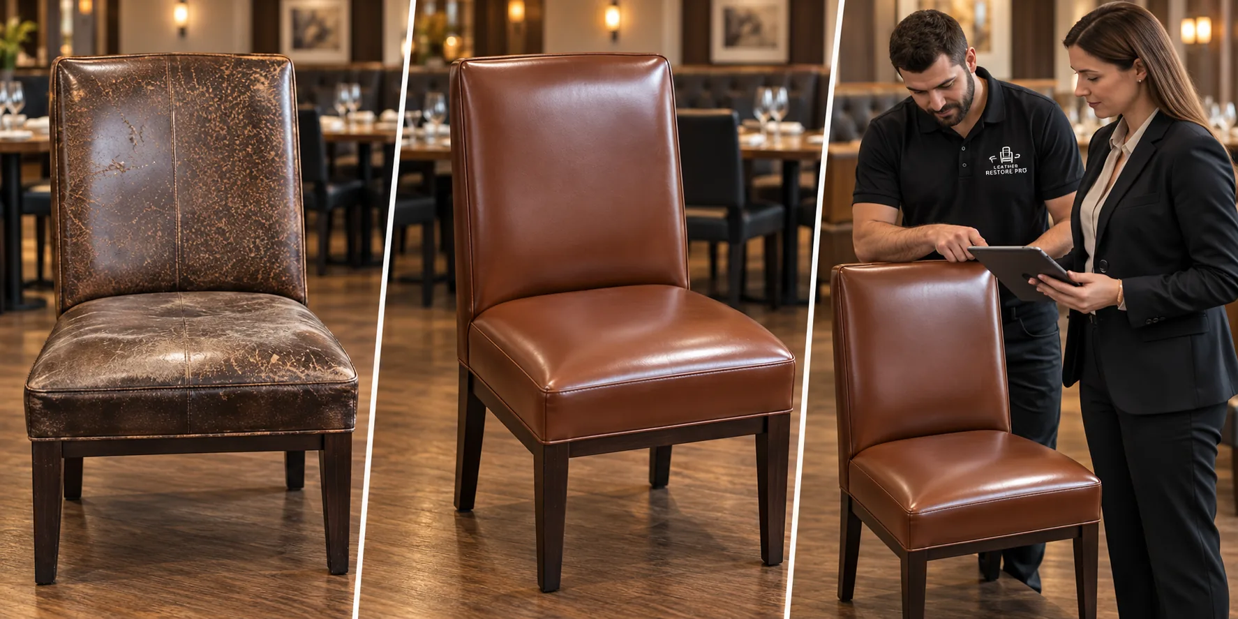 Technician reviewing a finished chair with a client