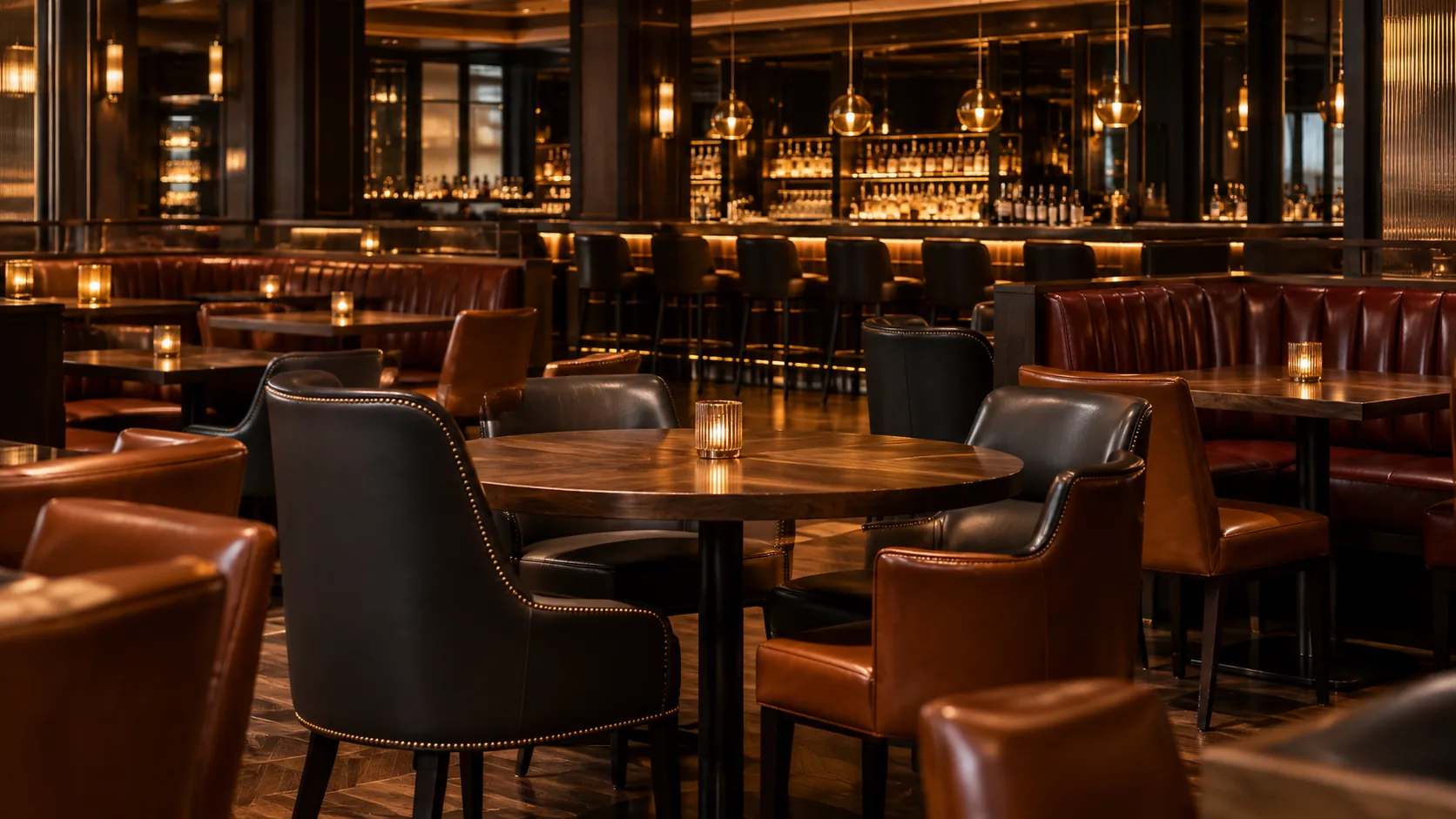 Event venue with leather chairs and banquettes