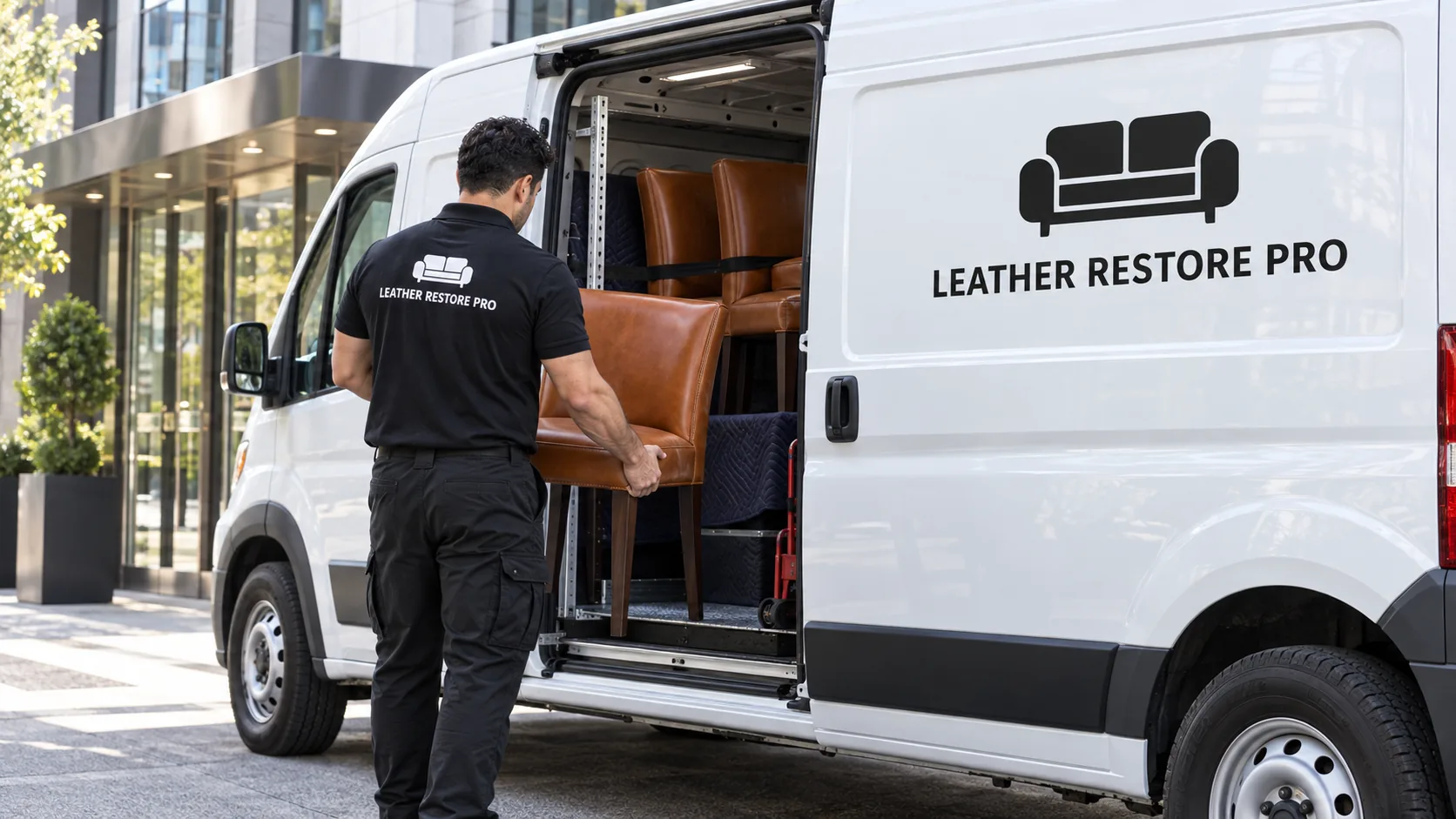Technician loading finished furniture into a Leather Restore PRO van