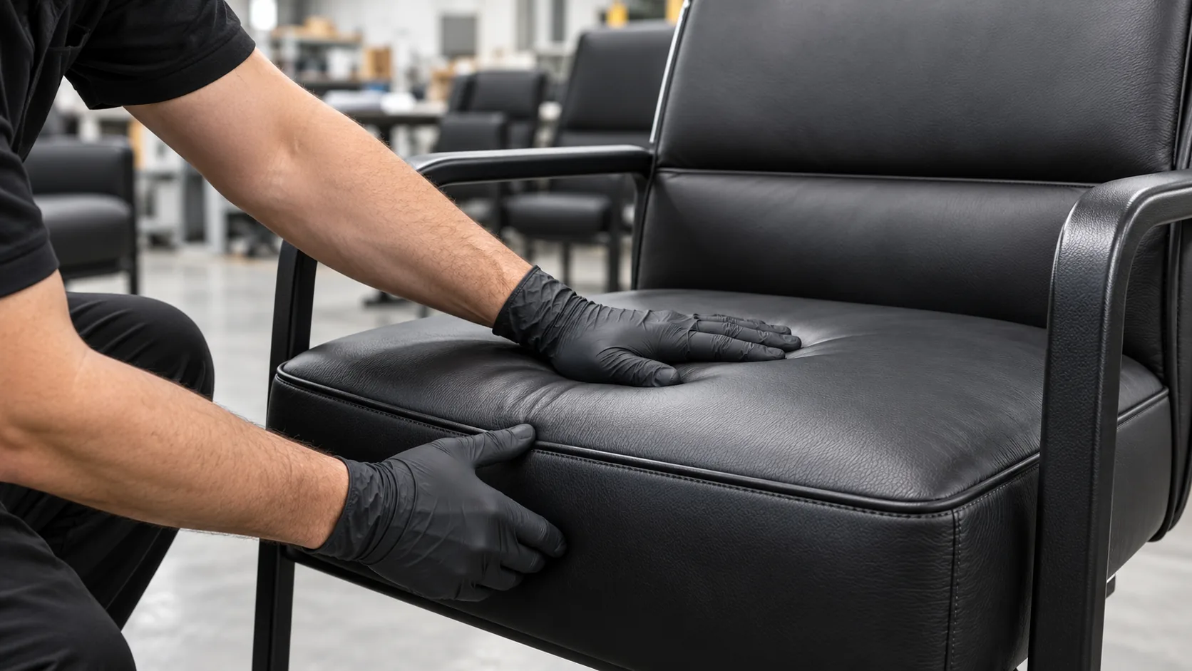 Gloved hands inspecting a finished black leather seat