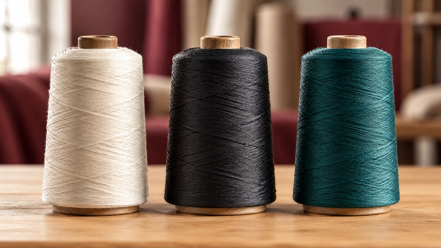 Cones of upholstery thread in cream, black and teal