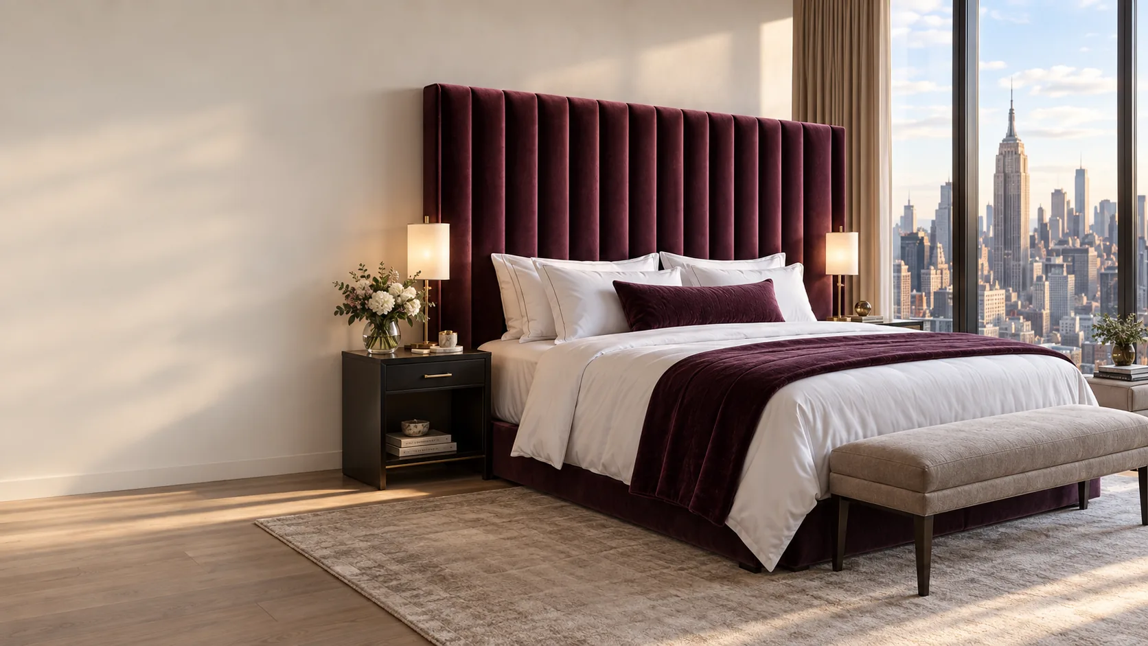 A burgundy channel-tufted headboard in a Manhattan bedroom