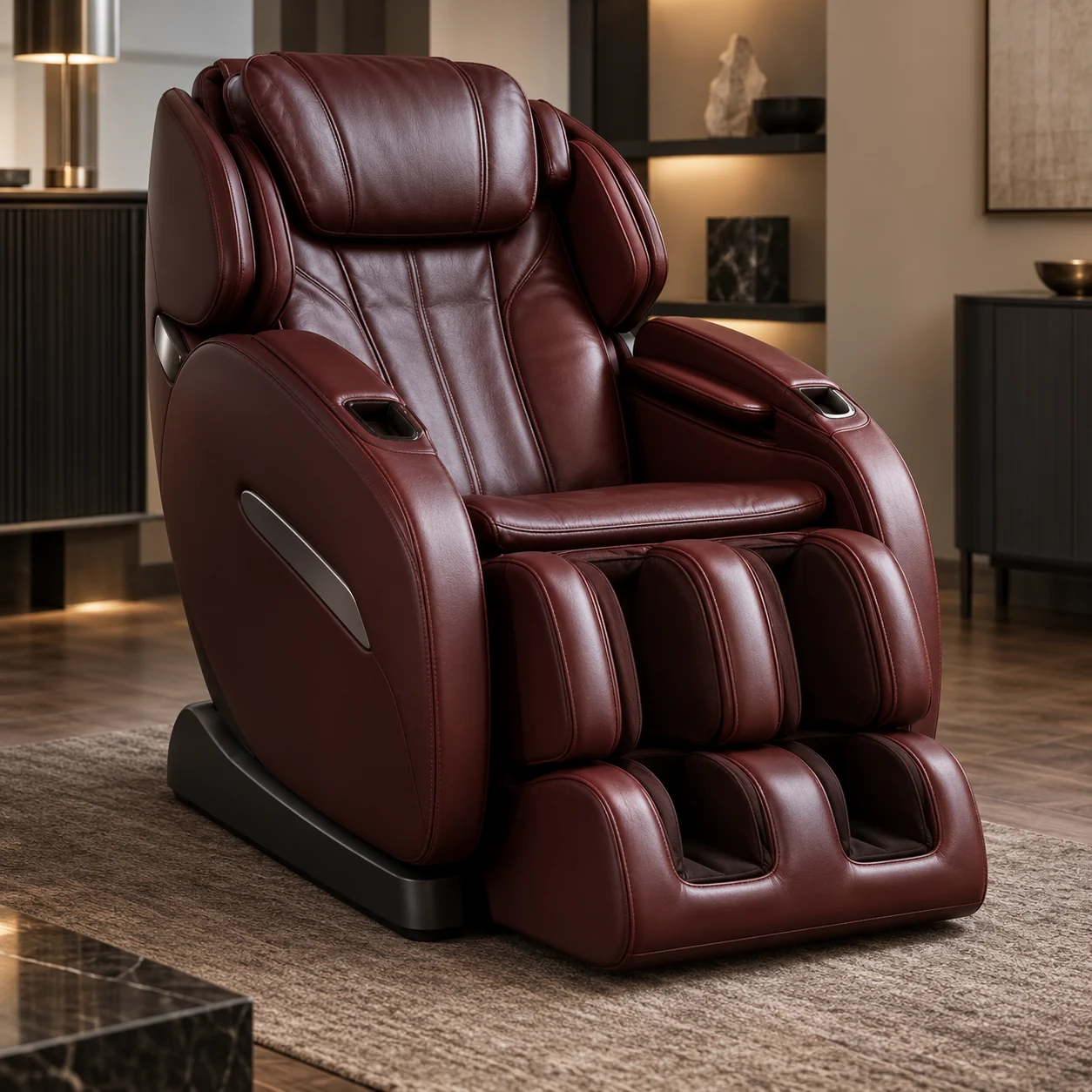 A burgundy leather massage chair in a living room with dark shelving