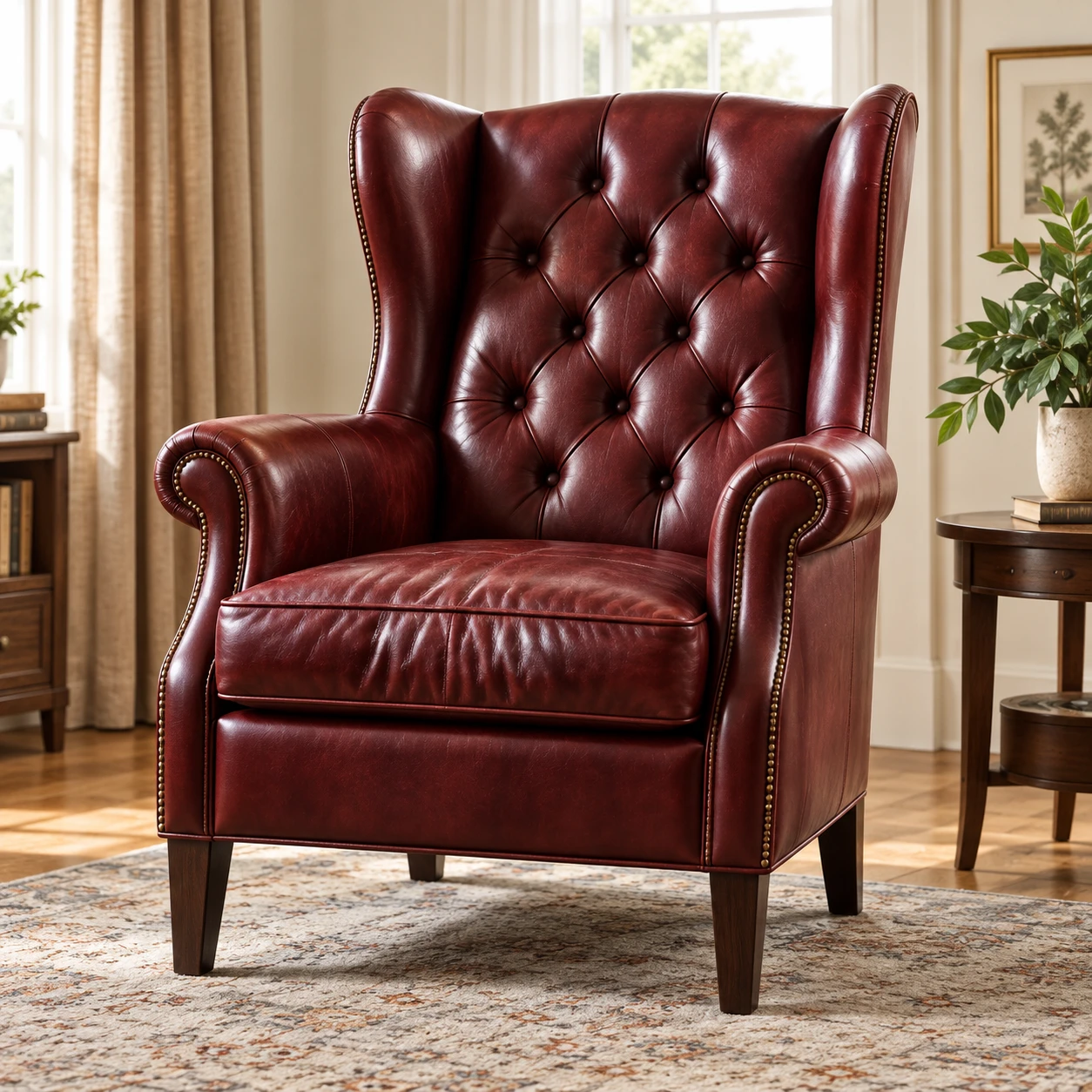 A burgundy tufted leather wing chair with nailhead trim along the arms
