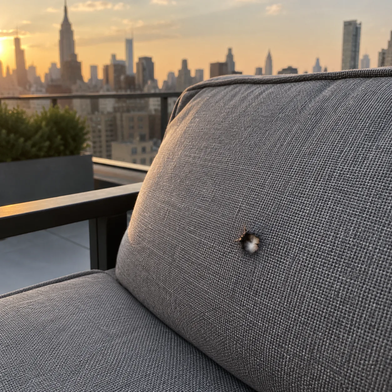 A small burn hole in a grey outdoor cushion