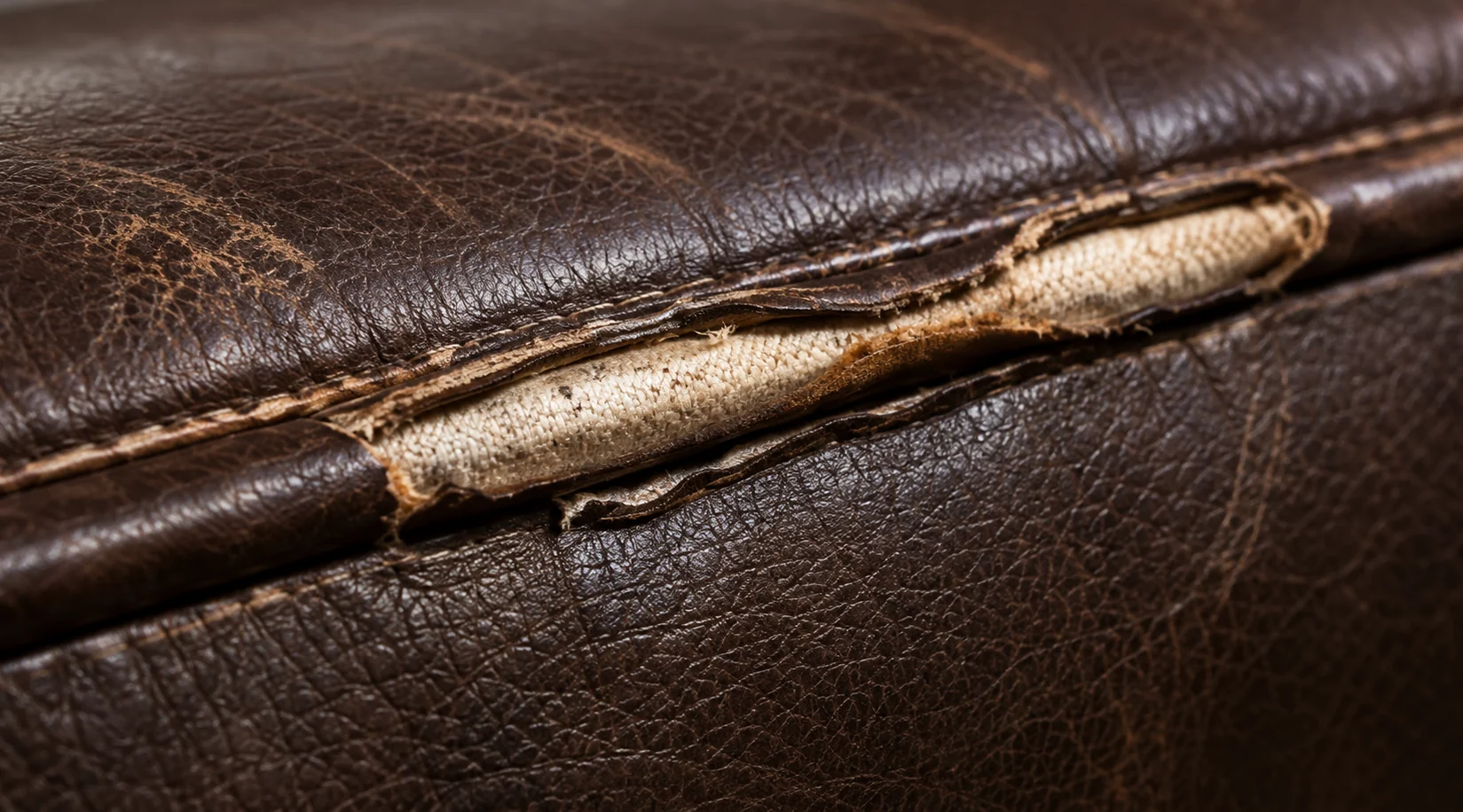 Piping cord torn open along a brown leather bed rail with pale fibers exposed