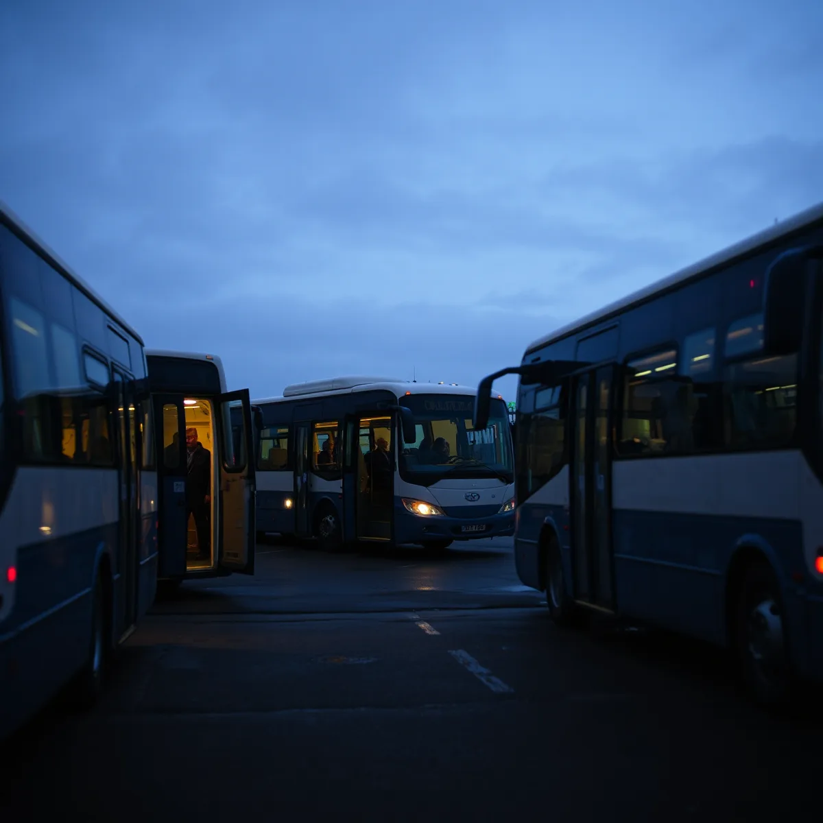 Buses parked in a depot yard in the evening with their passenger doors standing open