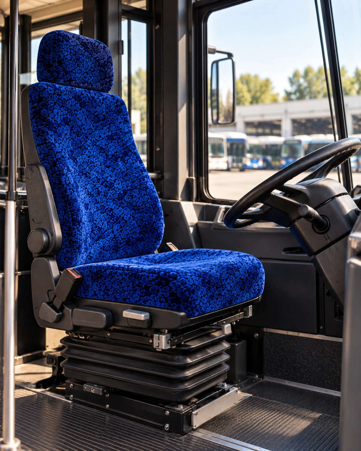The driver seat of a bus on an air-ride base