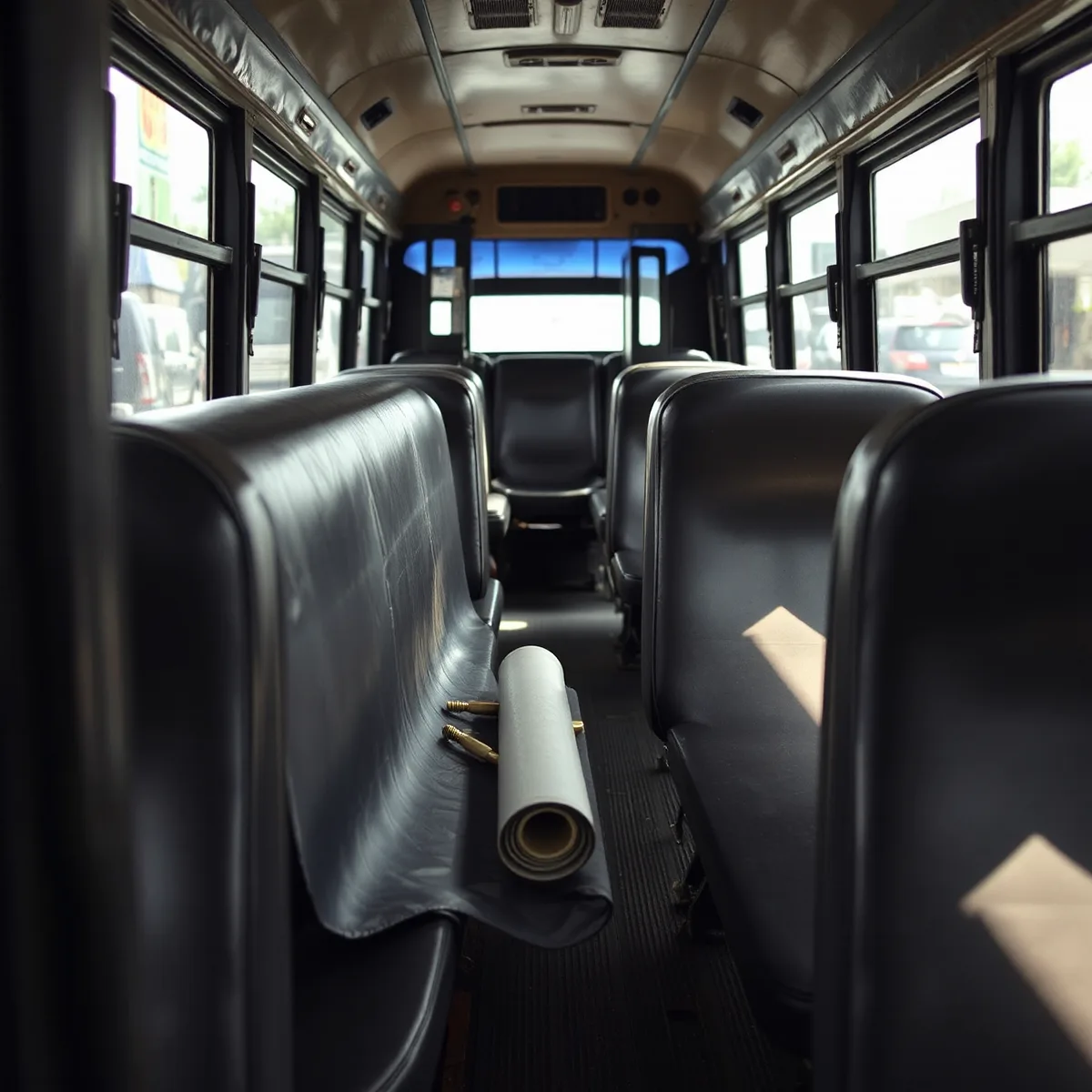 Roll of dark vinyl and hand upholstery tools resting on a bench seat inside a parked bus, seats still bolted in place