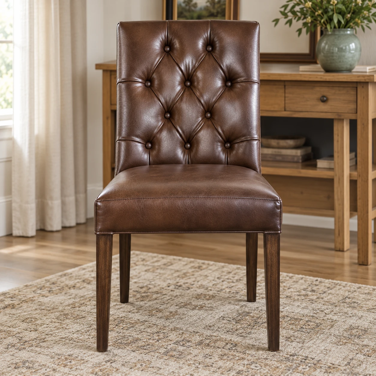 A dining chair with a deep-buttoned brown leather back worked in a diamond pattern above a plain seat