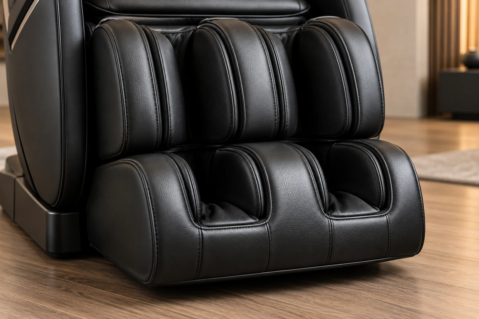 The black leather calf and foot wells of a massage chair, clean and undamaged