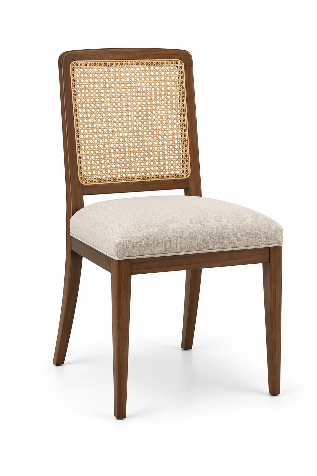 Cane-back dining chair with a drop-in seat that lifts out